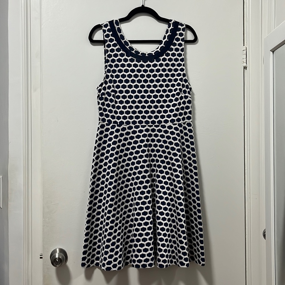 Navy and White Patterned Fit and Flare Dress